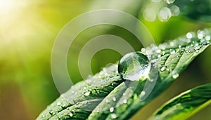 Beautiful large drop morning dew in nature, selective focus. Drops of clean transparent water on leaves