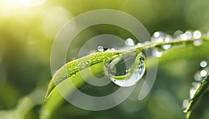 Beautiful large drop morning dew in nature, selective focus. Drops of clean transparent water on leaves