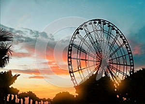 Beautiful large Ferris wheel outdoors at sunset