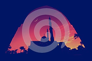 Beautiful large Islamic mosque at the sunset sky background