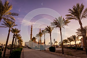 Beautiful large Islamic mosque at the sunset sky background