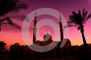 Beautiful large Islamic mosque at the sunset sky background