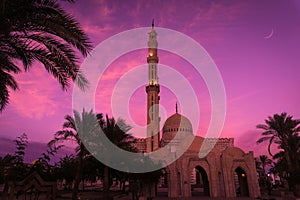 Beautiful large Islamic mosque at the sunset sky background