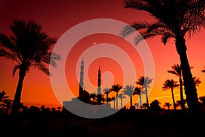 Beautiful large Islamic mosque at the sunset sky background