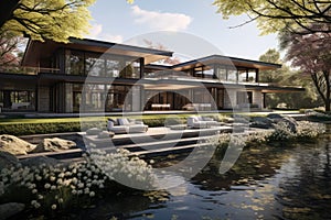 Beautiful large modern countryside house under construction in serene spring landscape