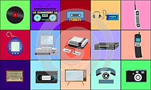 A beautiful large set of retro items of old vintage hipster electronics technology from the 70s, 80s, 90s on the background