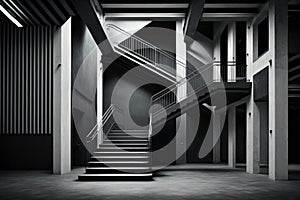 beautiful large stairway with high steps in empty factory interior with black wall and white strips on floor