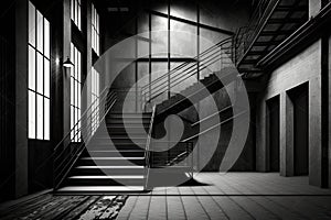 beautiful large stairway with high steps in empty factory interior with black wall and white strips on floor