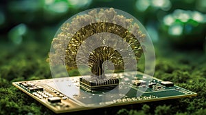 A beautiful large tree growing on the micro chip computer circuit board showing concept of digital business CSR and