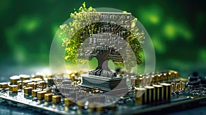 A beautiful large tree growing on the micro chip computer circuit board showing concept of digital business CSR and