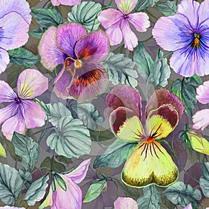 Beautiful large viola flowers with green leaves on gray background. Seamless spring or summer floral pattern. Watercolor painting.