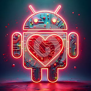 Beautiful laser etched love android, red heart neons, grunge textures.