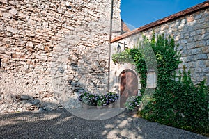 Beautiful of Lasko castle, rising above the city. Old castle in early morning sunlight, visible main entrance and stone walls