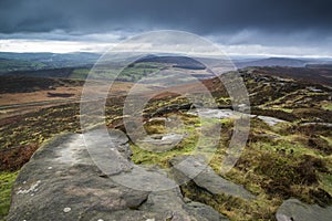 Beautiful late evening Autumn light over Stanage Edge Peak District