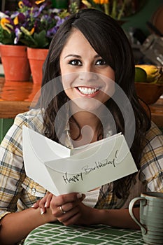 Beautiful Latina Woman with Birthday Card