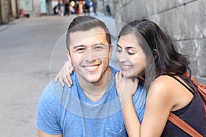 Beautiful latino couple smiling close up