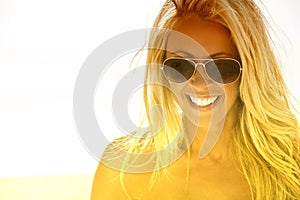 Beautiful Laughing Blond Girl In Aviator Sunglasses