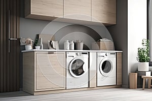 Beautiful laundry room design with modern washer and dryer set