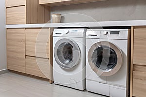 Beautiful laundry room design with modern washer and dryer set