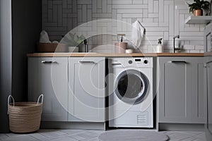 Beautiful laundry room design with modern washer and dryer set