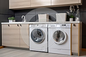 Beautiful laundry room design with modern washer and dryer set