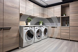 Beautiful laundry room design with modern washer and dryer set