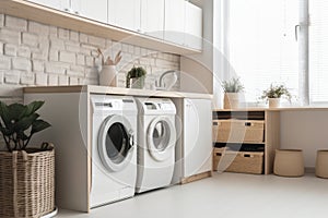 Beautiful laundry room design with modern washer and dryer set