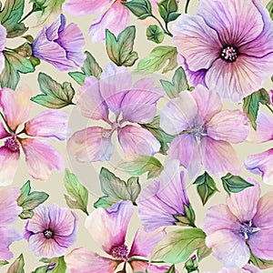 Beautiful lavatera flowers with green leaves on light beige background. Seamless floral pattern. Watercolor painting.