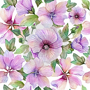 Beautiful lavatera flowers and leaves with veins against white background. Seamless floral pattern. Watercolor painting.