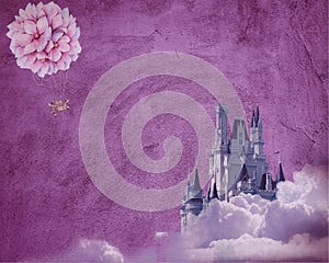 Beautiful Lavender Background with purple grudge texture , rainbow, puffy clouds and flying hot ballons