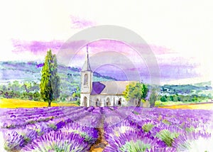 Beautiful lavender field with country church for church wedding save the date invite