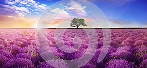 Beautiful lavender field with single tree under amazing sky at sunrise. Banner design
