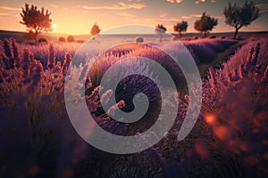 Beautiful lavender field at sunset. AI generative