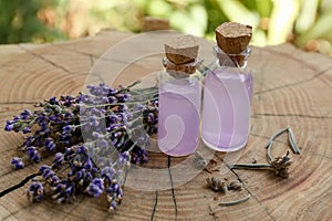 Beautiful lavender flowers and bottles of essential oil on wooden stump, closeup