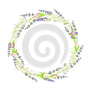 Beautiful Lavender Twigs and Pink Roses Arranged in Circle Wreath Vector Illustration