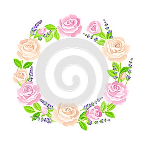 Beautiful Lavender Twigs and Pink Roses Arranged in Circle Wreath Vector Illustration