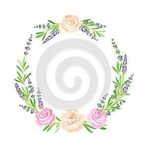 Beautiful Lavender Twigs and Pink Roses Arranged in Circle Wreath Vector Illustration