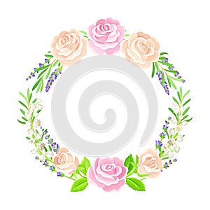 Beautiful Lavender Twigs and Pink Roses Arranged in Circle Wreath Vector Illustration