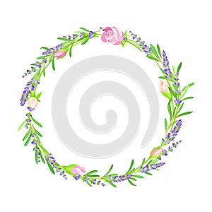 Beautiful Lavender Twigs and Pink Roses Arranged in Circle Wreath Vector Illustration