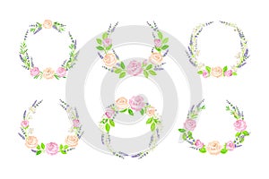 Beautiful Lavender Twigs and Pink Roses Arranged in Circle Wreath Vector Set