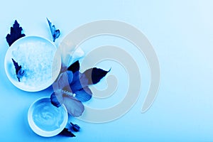 Beautiful layout of cosmetic products on blue background. Natural cosmetic