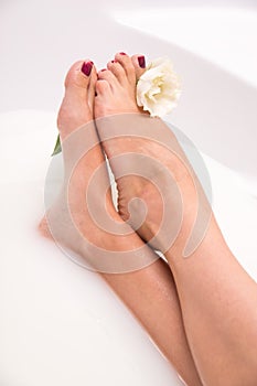 Beautiful legs of a girl with a red manicure in a bath filled with milk. A woman is taking a bath, with a delicate