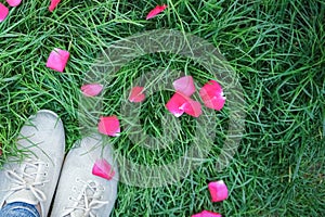 beautiful legs on the grass in a park on the nature