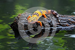 Beautiful leopard gecko in reflection