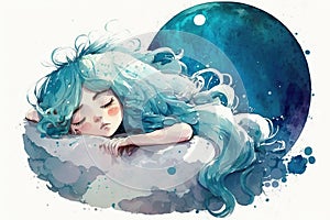 beautiful light blue Girl on sleeping on moon hot