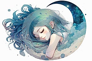 beautiful light blue Girl on sleeping on moon hot