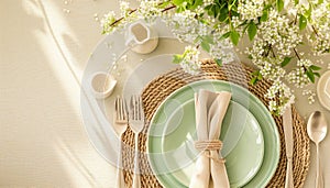 Beautiful light green and beige colors morning table decoration lace tablecloth and napkins, asian meadowsweet blossom branch,