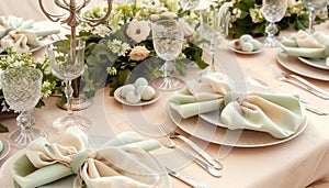 Beautiful light green and beige colors morning table decoration lace tablecloth and napkins, asian meadowsweet blossom branch,