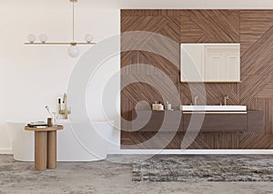 Beautiful, light and modern bathroom. White color and wooden texture. Bathtub, washbasin. Home interior in contemporary