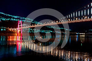 Beautiful light show on the bridge over Yangtze River in Chongqing, China